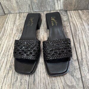 Seychelles Anthropologie Vessel Woven Black Leather Low Heels Sandals Sz 8